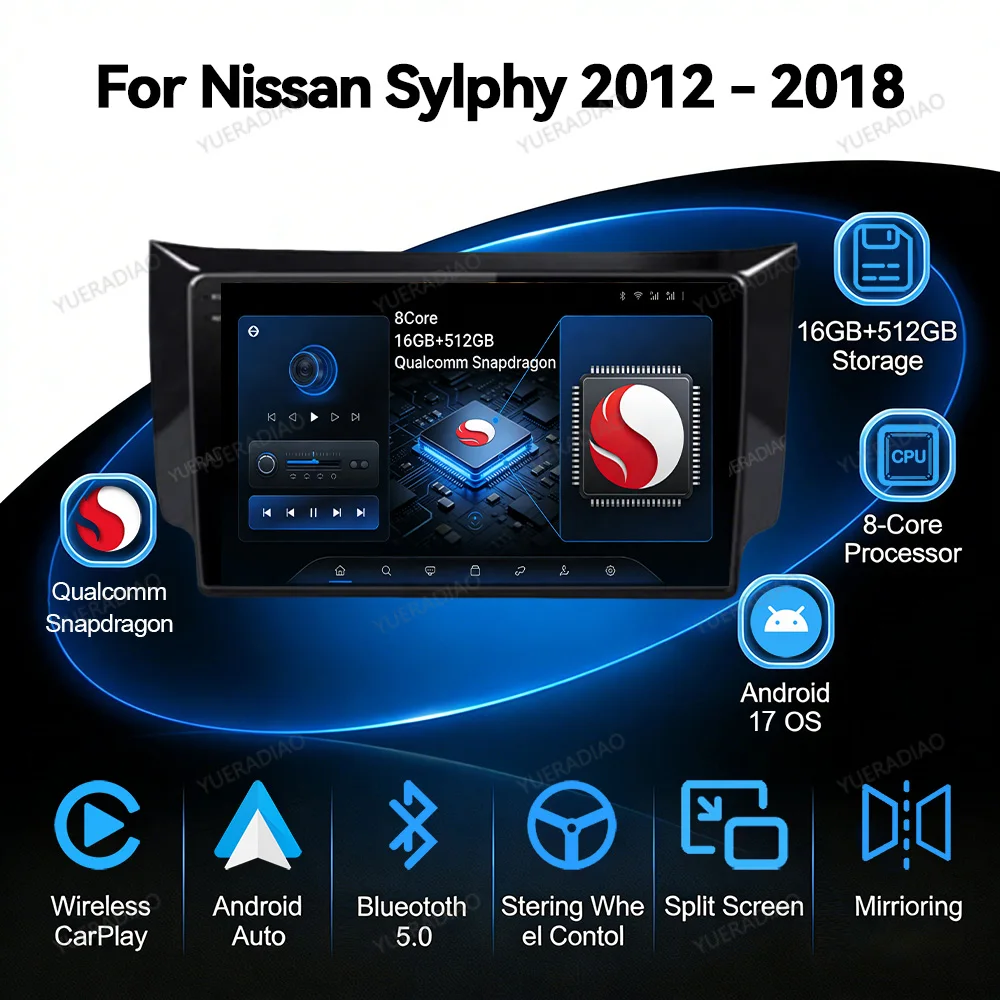 Android 17 Car Radio For Nissan Sylphy B17 Sentra 12 2010 - 2020 Multimedia Stereo Video Player QLED 4G LTE 5G WIFI GPS NAVI BT