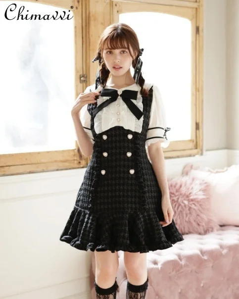 Japanese Liz Mine Series Mass-produced Sweet Girl Plaid Lolita Dress Spring New Cute Contrasting Color Elegant Short Y2k Dresses