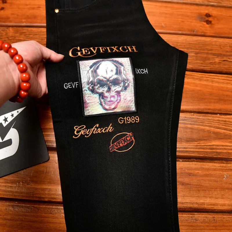 High end trendy embroidered printed jeans for men, slim fit, small footed, stylish, personalized, elastic long pants
