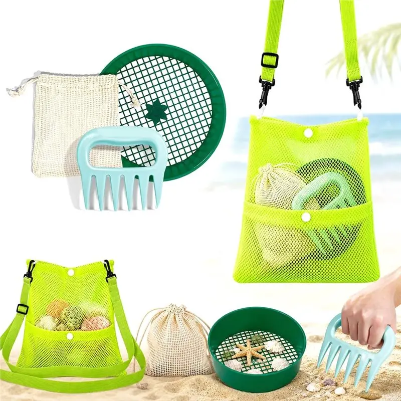 BEDW-Sharktooth Sifter Tools Sand Shovel Rake With Sand Sifters & Mesh Beach Bag & Seashell Sack For Beach Shell Scooper