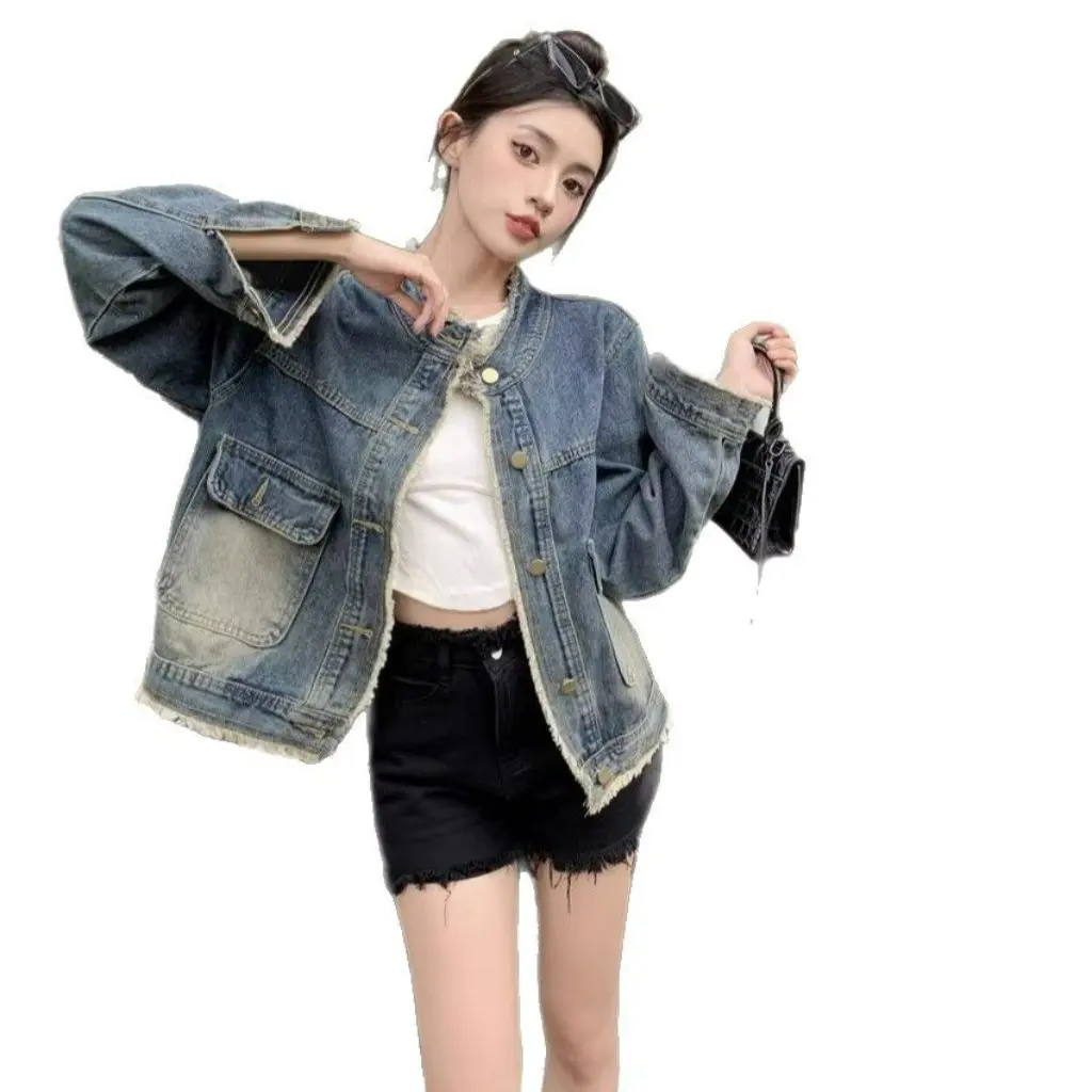 Women's Vintage Design Sense Rust Collar Jacket Loose Slim Fit Denim Jacket for Spring And Autumn Small Men's Style