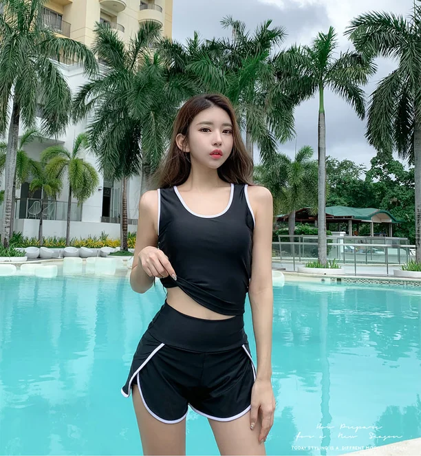 Women 3 Pieces Black Sports Swimsuit High Waisted Sexy Tankini Set Summer Beach Wear Surfing Suit Long Sleeves Bathing Suit 2022