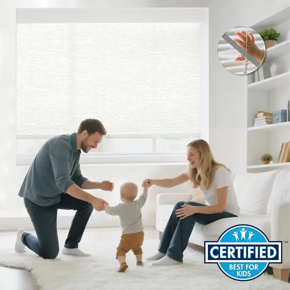 ม่านม้วนกรองแสงไร้สาย ขนาด 46 นิ้ว กว้าง x 72 นิ้ว สูง - ม่านแบบมีฉนวนสไตล์ผ้าลินินทันสมัยสำหรับบ้านและสำนักงาน (สีขาว)