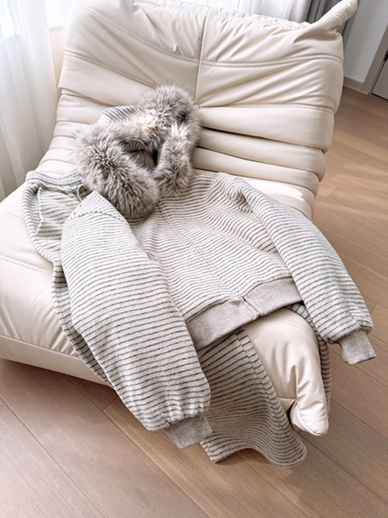 

American Retro Striped Fce Hooded Open Cardigan Fake Mink Inner Environmentally Friendly Fur Collar Lazy Sle High Waist ...
