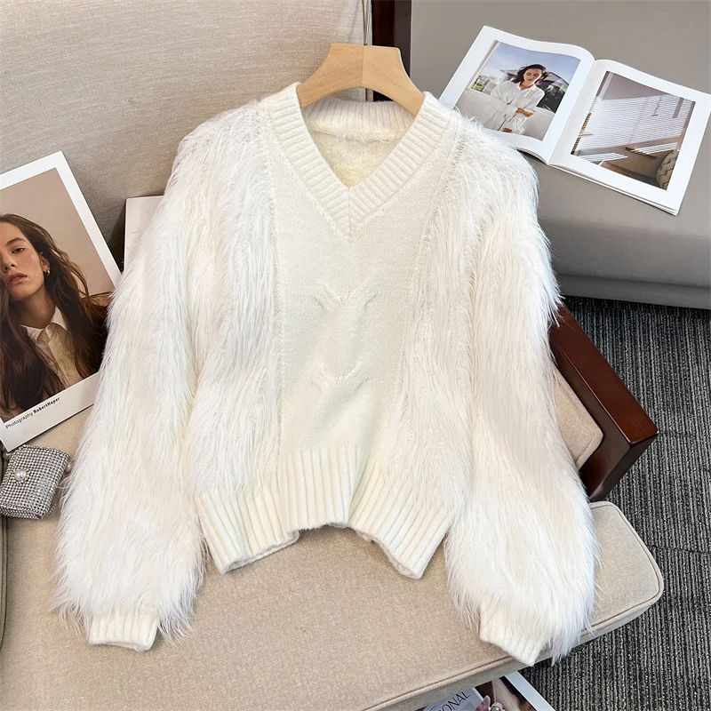 New Women Autumn Winter Imitation Mink V Neck Long Sleeve Casual Knitted  Sweater Chic Pullover Sweater