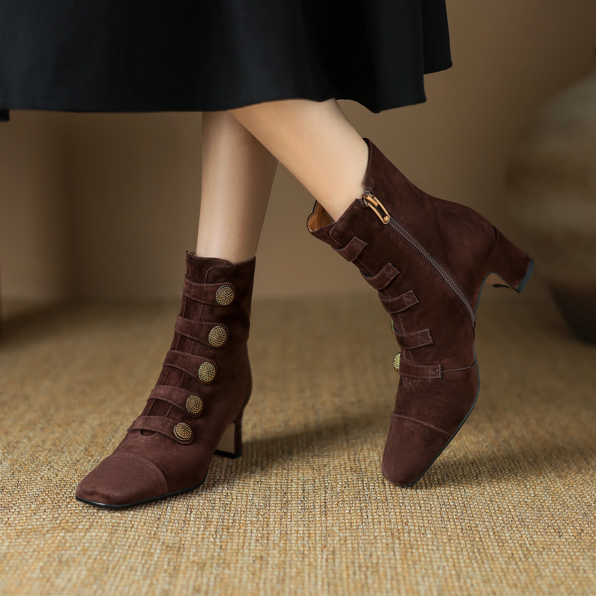 

Genuine Leather Sheepskin ﻿Ankle boots Square Toe Women Boots Zipper Modern Booties Button Fashion High Heels Women Shoes