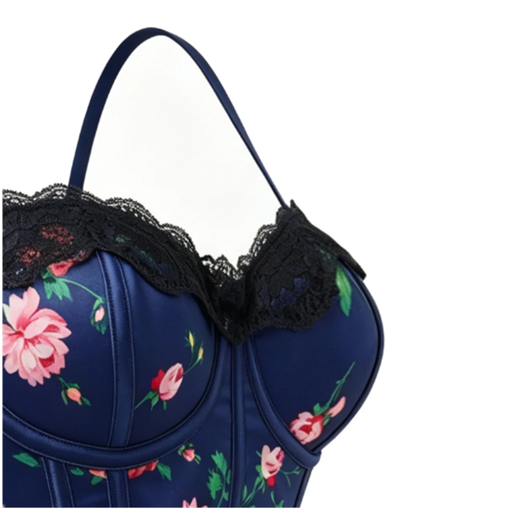

Women Dark Blue Rose Print Corset Crop Top Sexy Lace Fishbone Backless Slim Camis Elegant Shaping Lingerie Party Clubwear