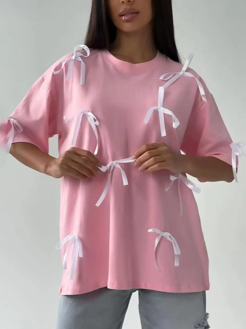 Cotton Summer New 3D Bow T Shirt Women Simple Loose American Stylish Personalized T Shirt Women Streetwear Casual Tees 2025