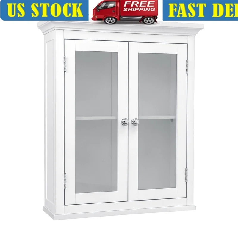 

Removable Wooden Wall Cabinet with 2 Glass Doors Adjustable Shelf Indoor Storage Decor Durable Construction Home Organization