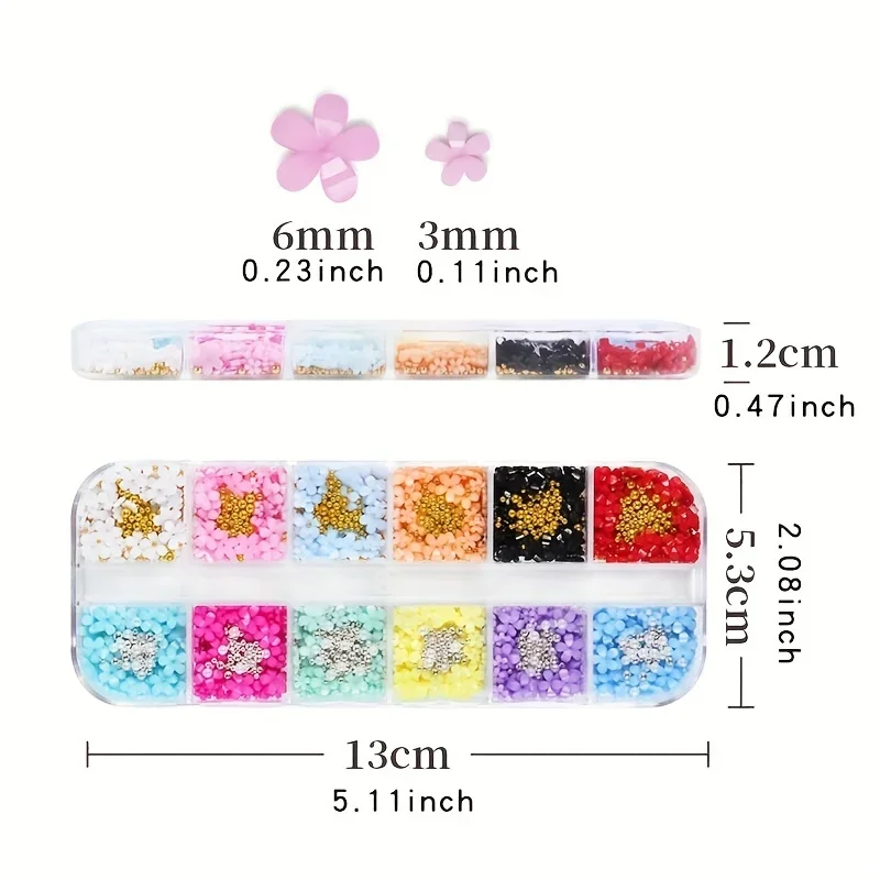 12Grids 3D Flower Nail Charms Multi-colors Acessories with Caviar Beads/Diamonds/Pearls for DIY Nail Art Decoration