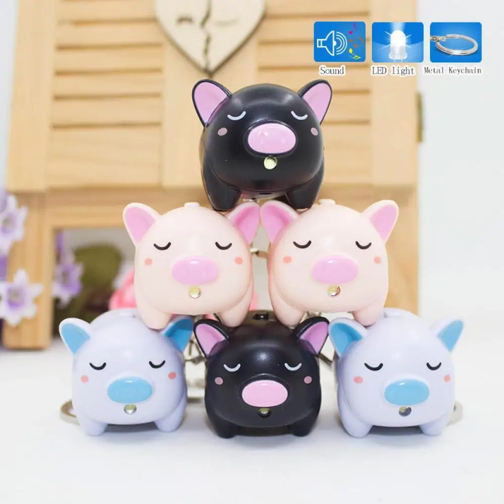Cute Sleepy Pig LED Sound Keychain Mini Flashlight Metal Key Ring Fashion Bag Pendant Creative Daily Decor Accessory For Adults