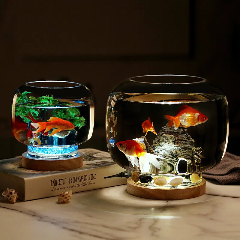 

Aquarium creative small round glass fish tank ecological goldfish tank base lighting fighting fish tank aquarium accessories 5V,