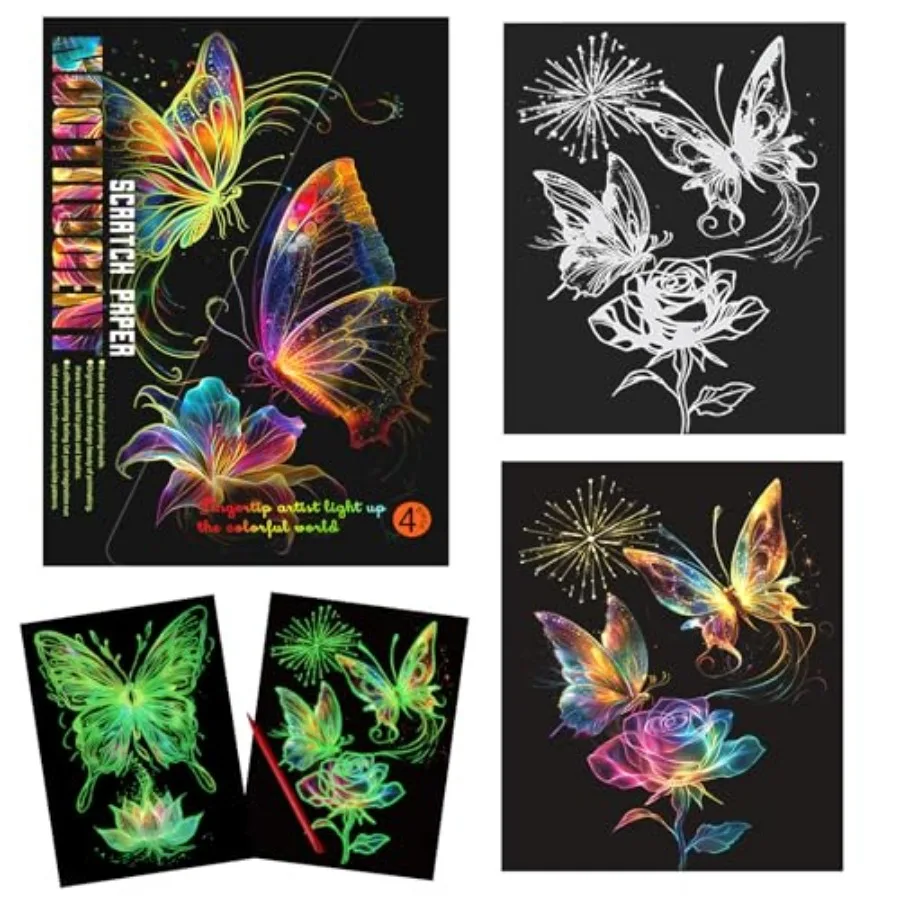 4 Sheets Scratch Art for Adults and Teens, Beautiful Night View Scratch Painting, Glow in The Dark Rainbow Scratch Paper Butter