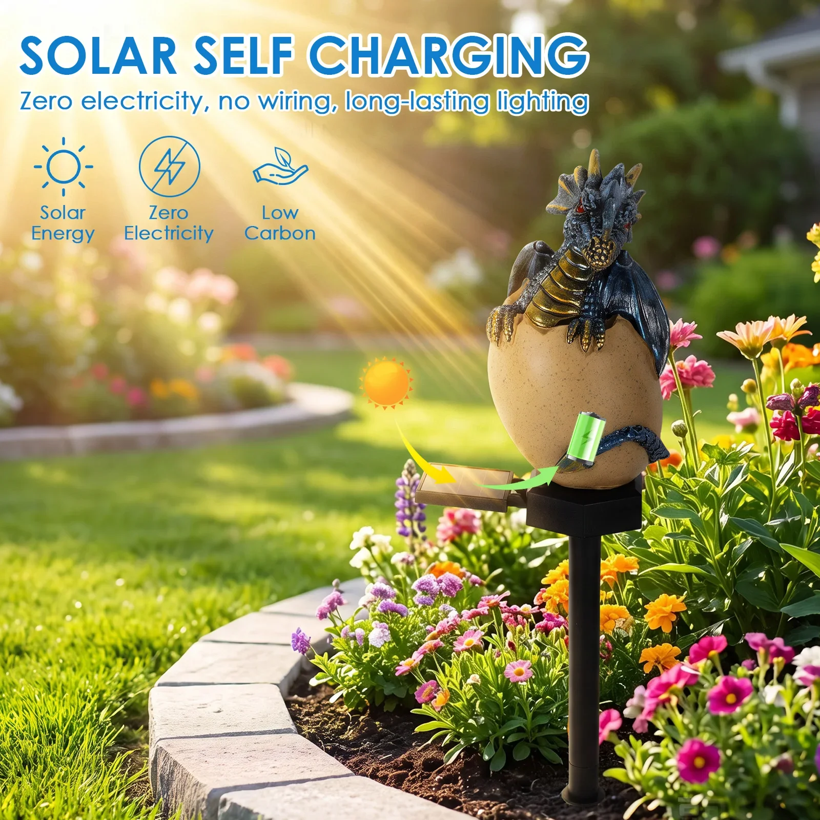 2Pcs Solar Powered Dragon Egg Lamp Outdoor Dragon Statue Solar Stake Light Waterproof Solar Light for Garden Lawn Yard Art Decor