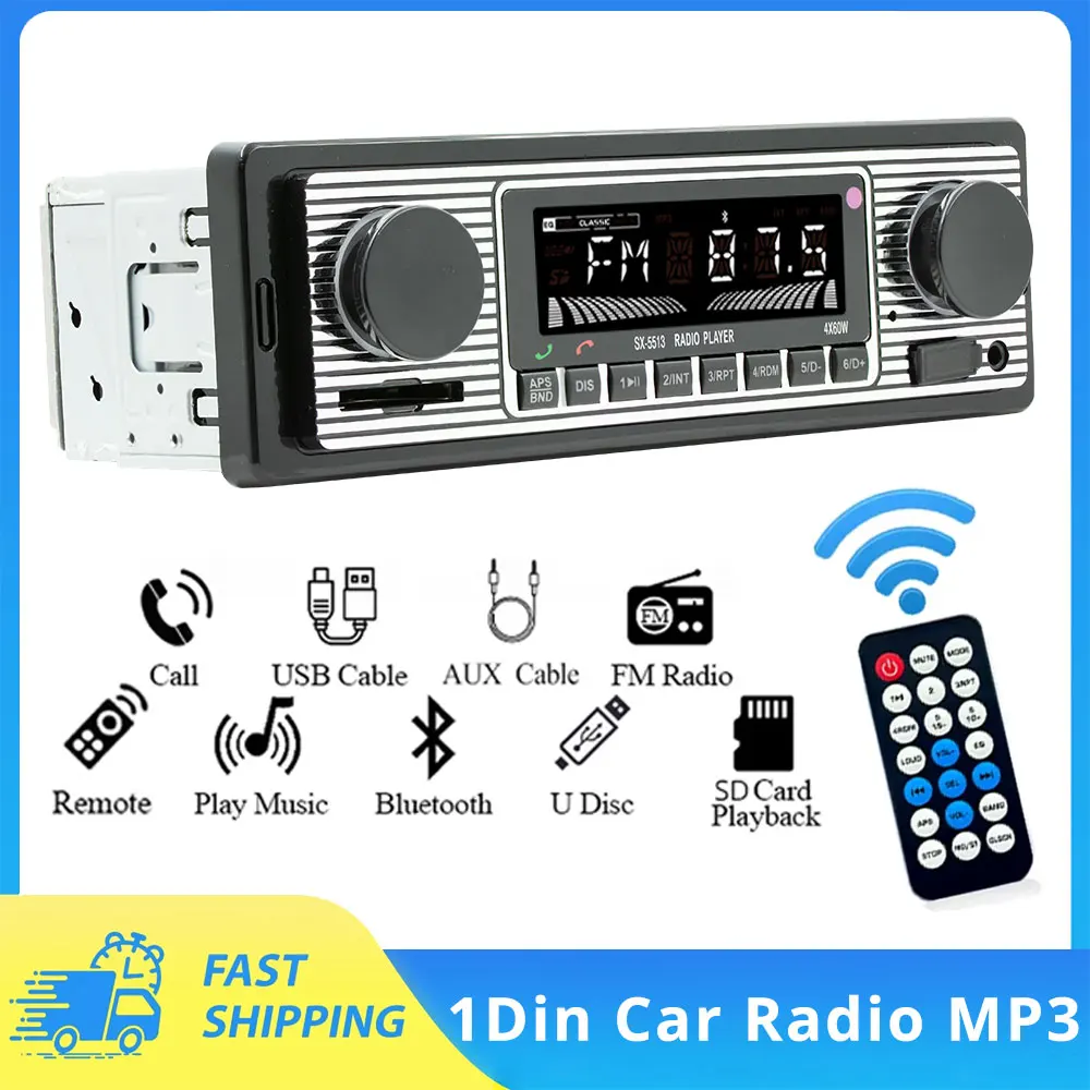 

1 Din Car Radio MP3 Player Vintage Dual Knob Digital Bluetooth Audio Radio Multimedia Music USB SD Stereo Play in Dash AUX Input