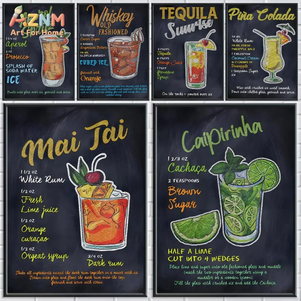 AZNM Classic Cocktail Recipe Canvas Print Whiskey Tequila Mai Tai Caipirinha Chalkboard Style Bar Drinks Guide Unframed Canvas W