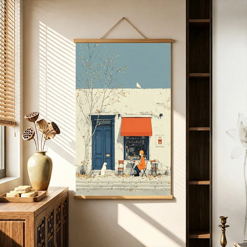 Wall Decor Quiet Village Doors beneath Spring Trees, Soft Storybook Pearlescent Canvas Hanging Scroll for Boutique Guesthouse