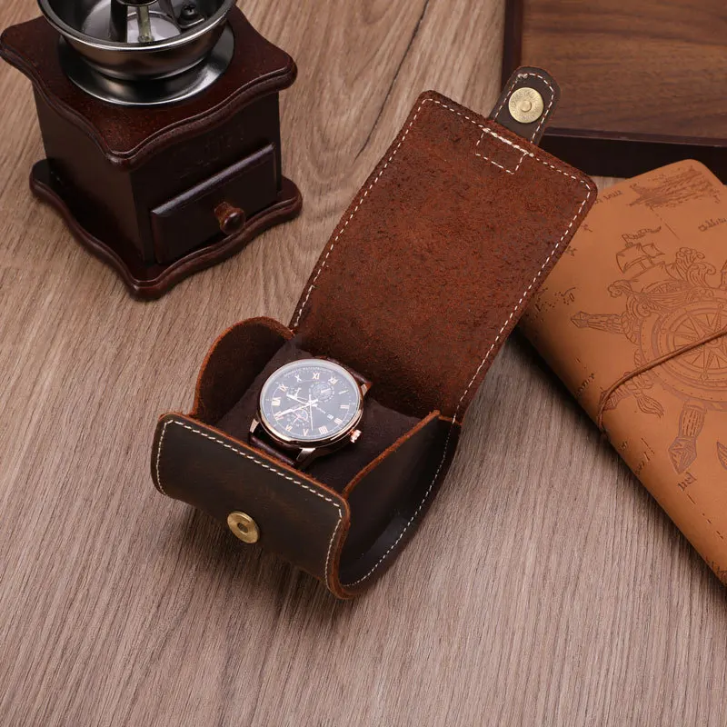 Watch Box 1-slots Retro Leather Cylindrical watch box case Portable Watch Storage Box single watch organizer UTHAI