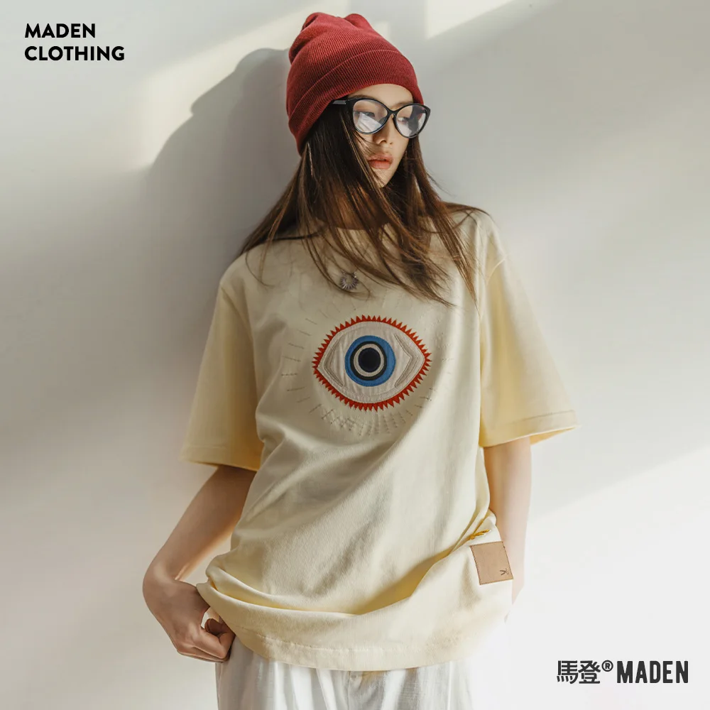 Maden Beige Embroidery Short Sleeve T-Shirts for Women Vintage Loose Tees Cotton O-Neck Oversize Top Summer T Shirt Casual Top