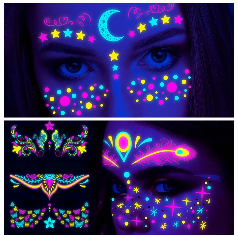 Fluorescent Waterproof Face Tattoo Sticker Temporary Face Sticker for Halloween Music Concert Party Night Club Makeup Tattoos