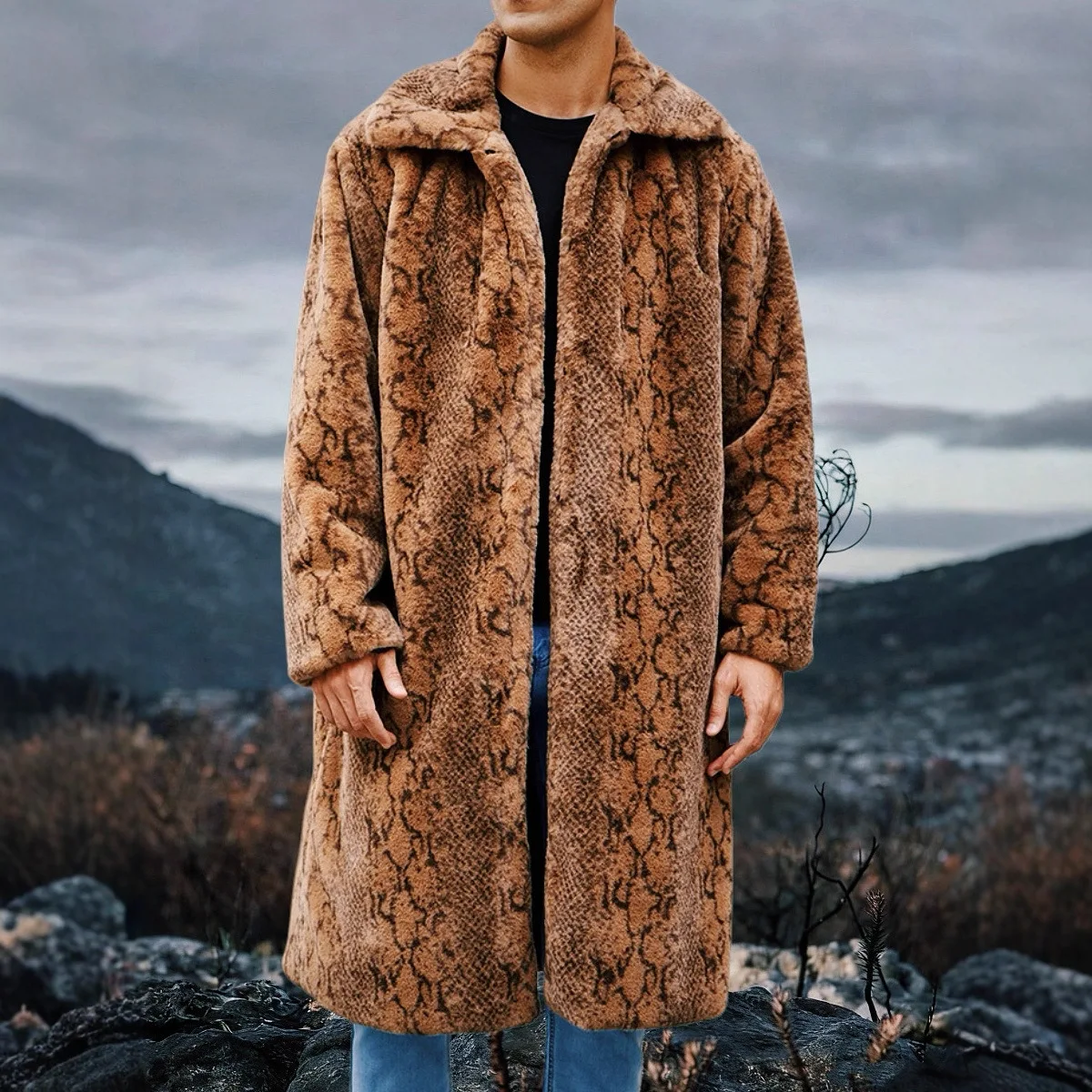 

2025 Autumn Winter New Men Snake Pattern Leopard Print Faux Fur Long Coat Thick Warm Furry Windproof Overcoat