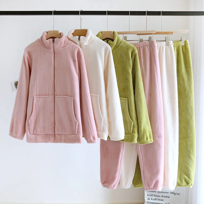 

2PCS Women's Solid Flannel Pajama Stand Color Long-Sleeved Warm Fleece Thick Home Sleepwear 2023 Autumn Winter Zipper Pyjama