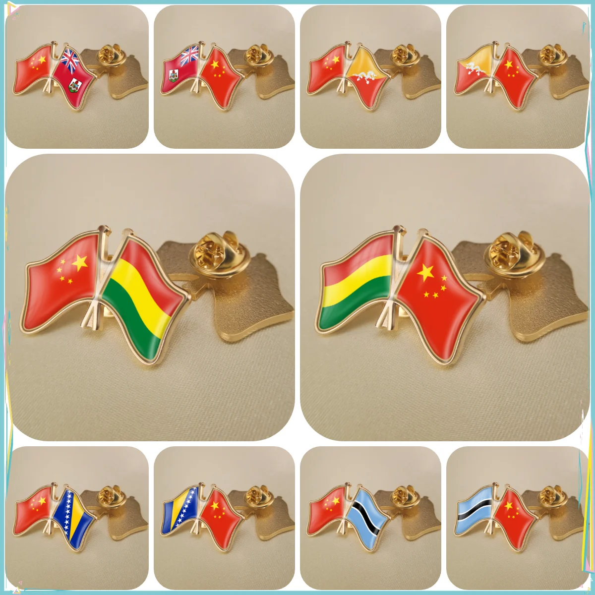 China and Bermuda Bhutan Bolivia Bosnia and Herzegovina Botswana Crossed Double Friendship Flags Lapel Pins Brooch Badges