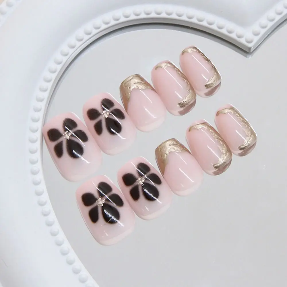 24pcs Short Ballerina False Nails Metallic Irregular Flowers Full Cover Nail Tips French Detachable Press on Nails Women Girls
