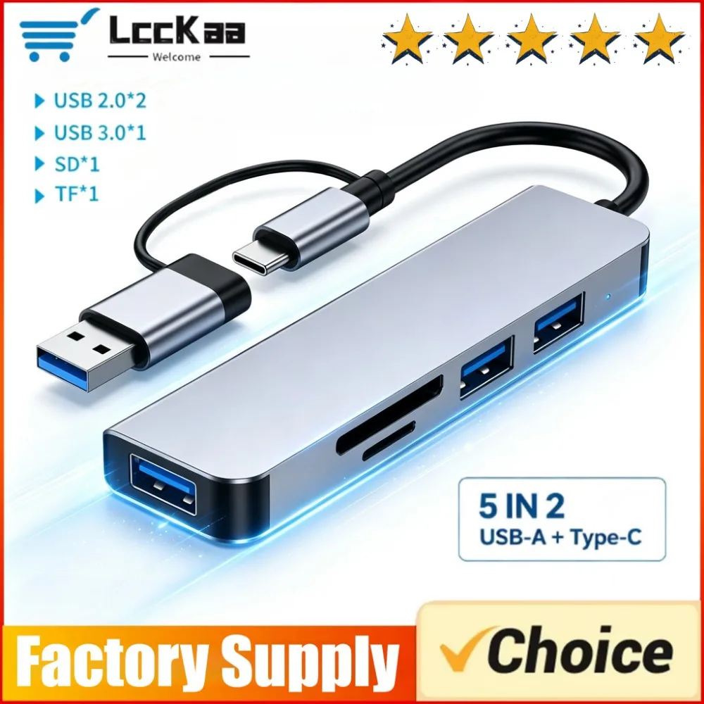 5-in-2 USB-A Type C Hub TF SD Card Reader Multiport Adapter USB 3.0 USB 2.0 Port for MacBook Notebook Laptop PC Desktop Computer