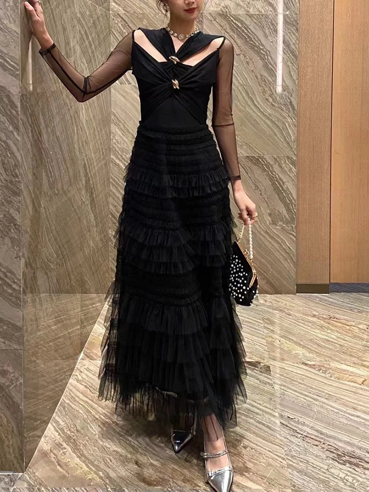 DEAT Elegant Dress Cross Kink Hollow Out Metal Buckle Gauze Cake Women's Evening Party Dresses 2025 Spring New Fashion 35Z1426