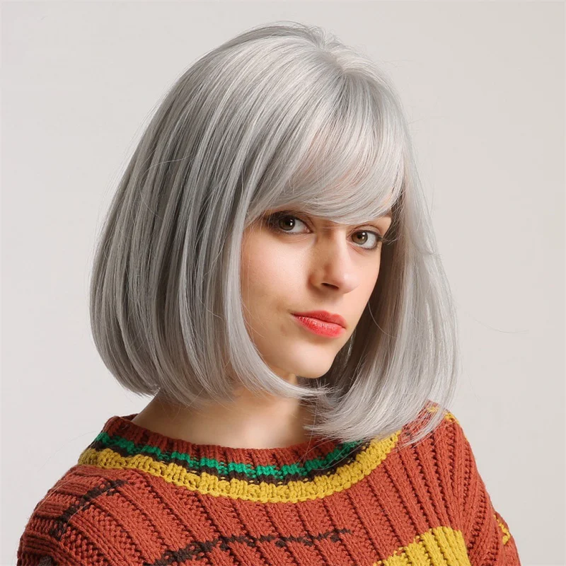 

Women's Short Straight with Bangs, Red High-Temperature Synthetic Fiber Bob Wig for Daily and Party Use