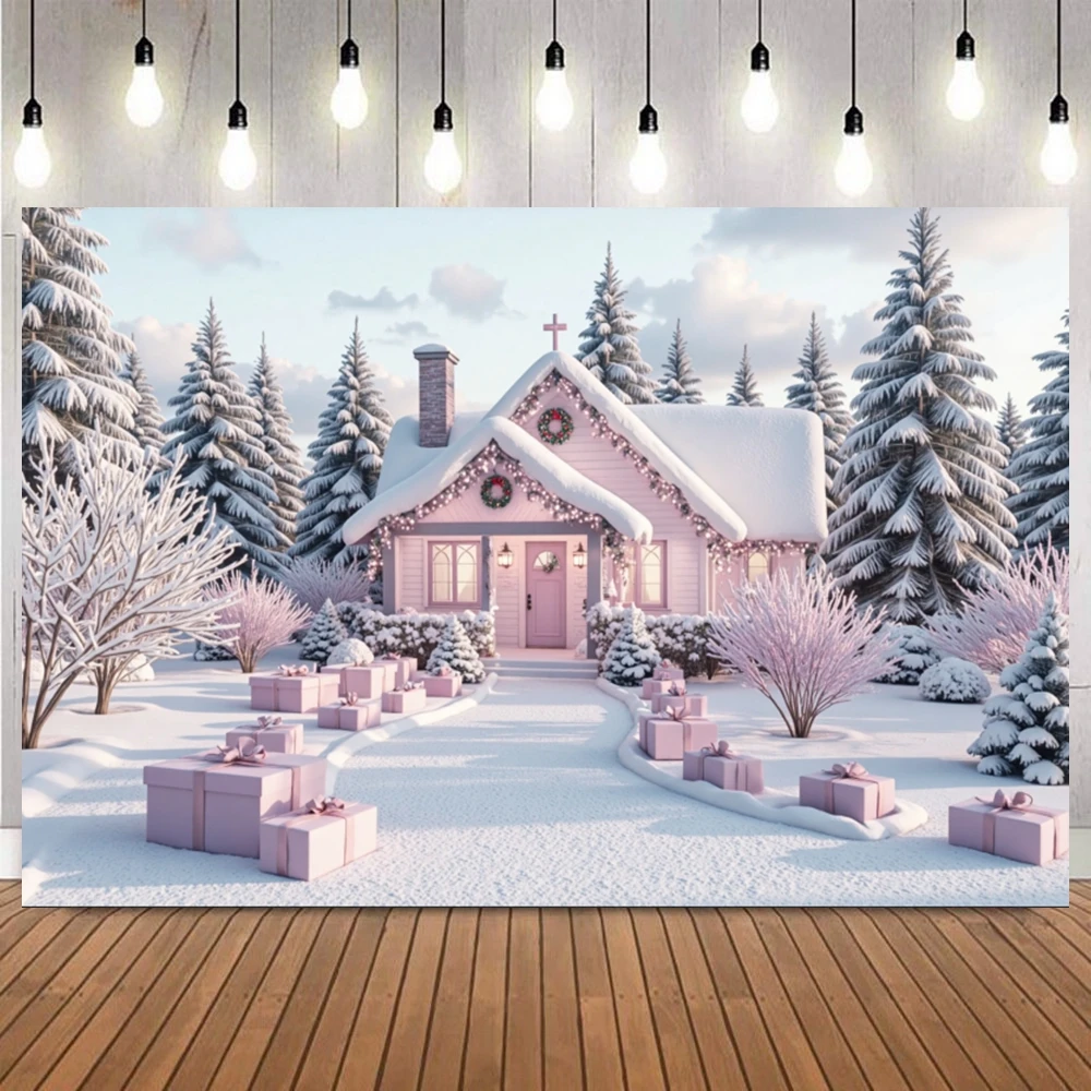 Winter Christmas Pink Style Theme Photography Background Candy Town Snow Scene Xmas Tree Gifts Party Event Decor Photo Backdrop