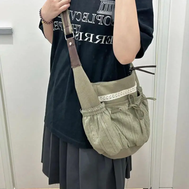 2025 Vintage Cool Bow Canvas Shoulder Bags Women Drawstring Chic Casual Crossbody Bag Ladies Retro Y2K Messenger Bag  Bolsos