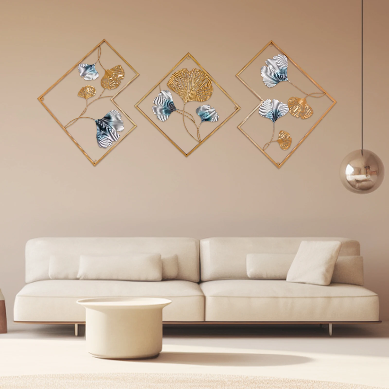 3 uds 164X70,5 cm arte de pared de Metal escultura colgante decoración 3D Ginkgo oro y azul