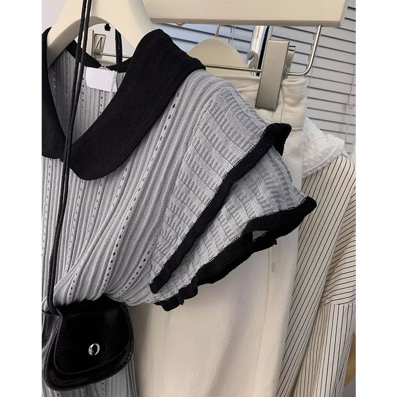 Summer Casual All-match Patchwork Turn-down Collar Short Sleeve T-Shirts Female Sweet Screw Thread Hollow Out Ruffles Top Tee