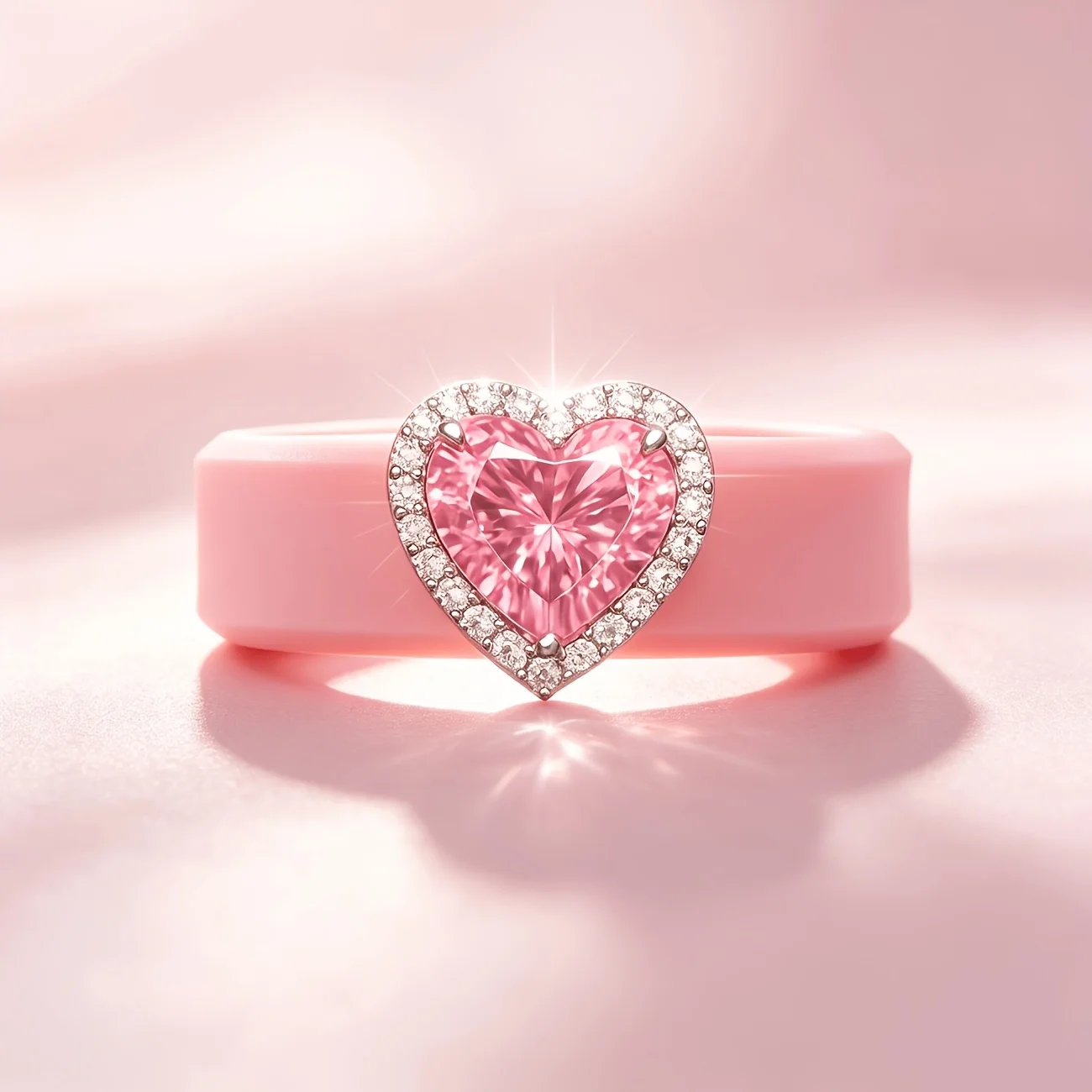 Elegant Pink Silicone Ring Sparkling Pink Heart CZ,Lightweight Anti-scratch Stackable Valentine Gift Ring For Girls