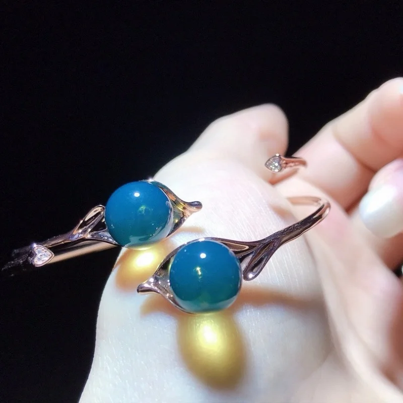 

Golden Branch Jade Leaf 10mm Mexican Blue Amber Inlaid S925 Silver Bracelet Vacuum Electroplating Two Colors