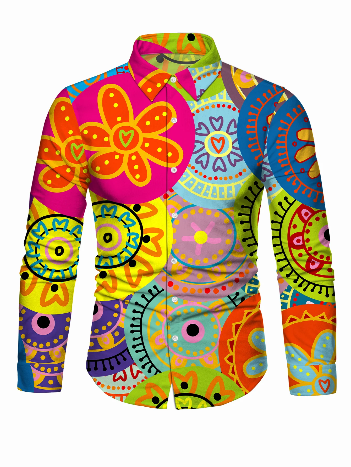 Men's long-sleeved shirts with bold abstract prints - bright colour-block designs, versatile fashion 2025