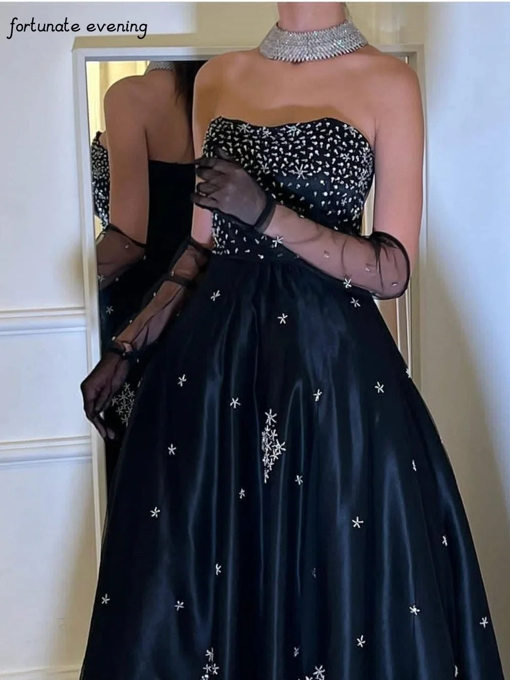 

Fortunate Evening Elegant Navy Blue Beading Sequined Star Flower Strapless A-Line Formal Occasion Prom Dress Evening Party Gowns