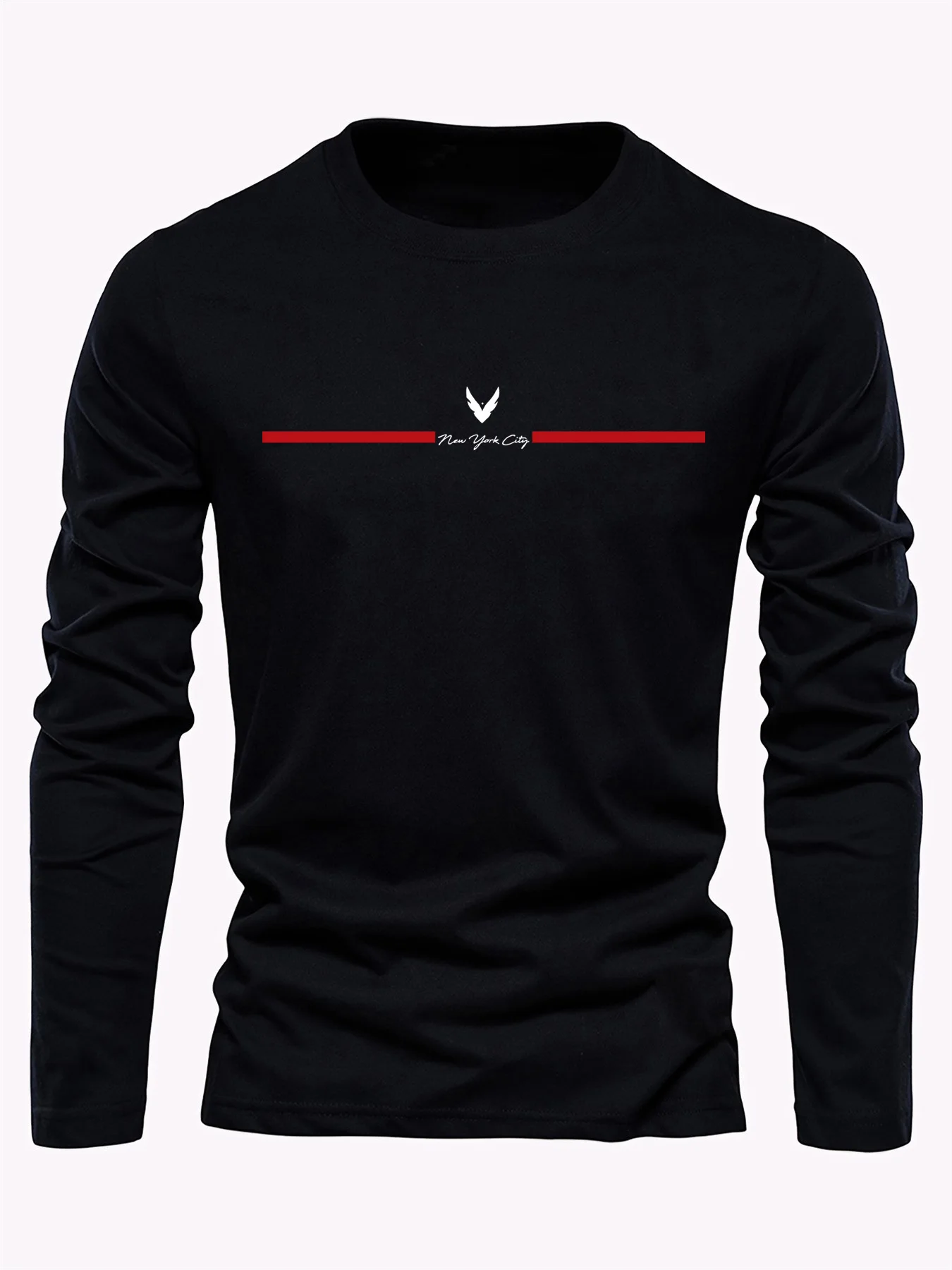 Men's 100% Pure Cotton Loose and Comfortable Casual Sports New York Letter Pattern Printed Round Neck Long Sleeved T-Shirt Top