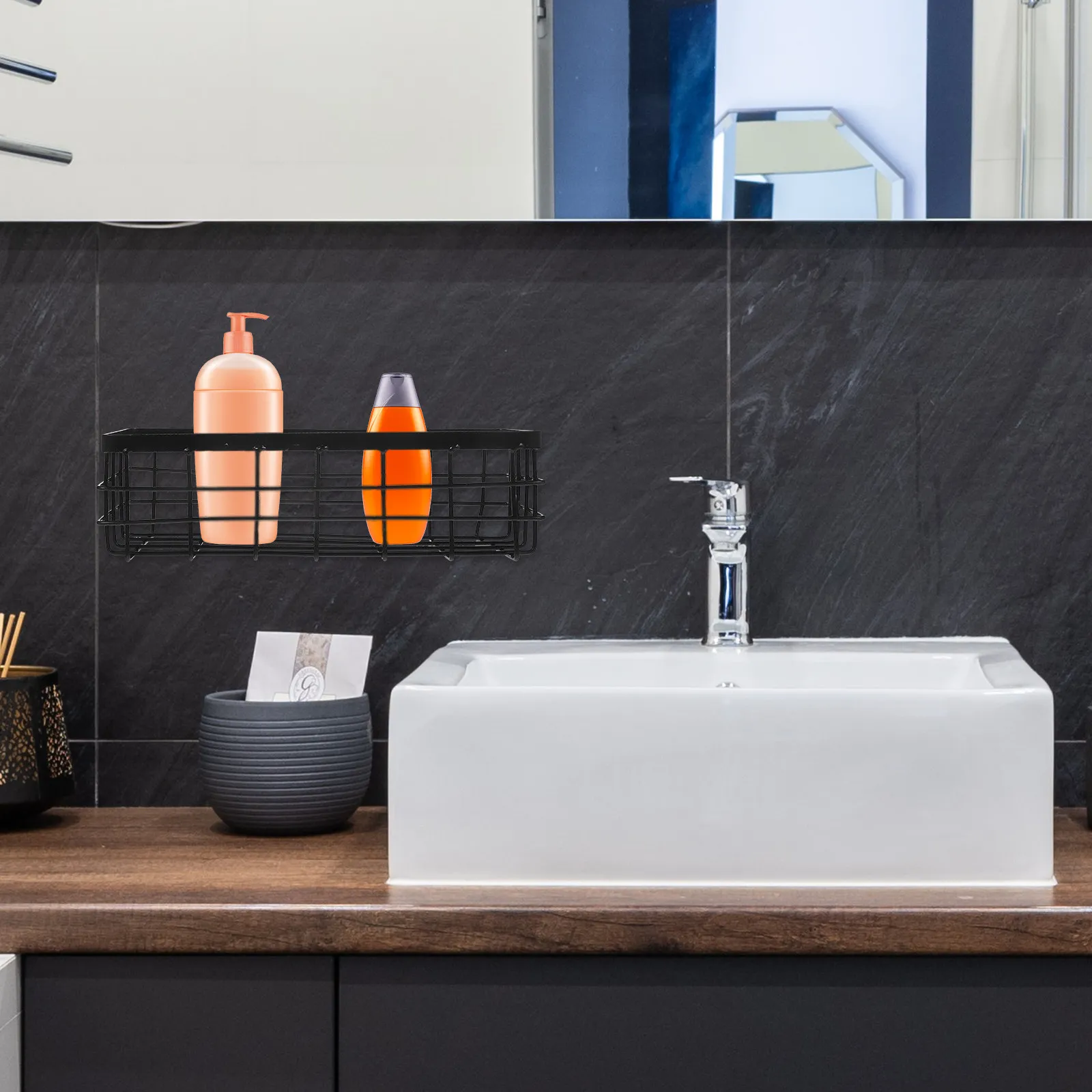 

Metal Storage Basket Rectangular Bathroom Wall Rack Shower Shelf Toothbrush Cup Holder Organizer Small Wire Basket