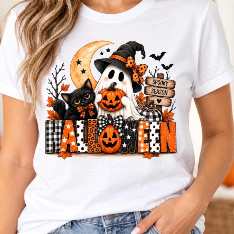 Women Graphic Tee Halloween Letters Tops Polyester Blend Casual Shirt Spooky Season Sign Black Cat Holiday Outfits