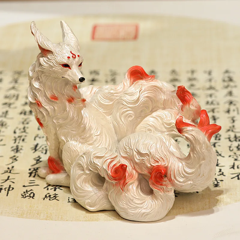 Nine-Tailed Spirit Fox Resin Figurine Mystical Fox Shrine Statue Oriental Desktop Ornament Creative Home Decor Fox Lovers Gift