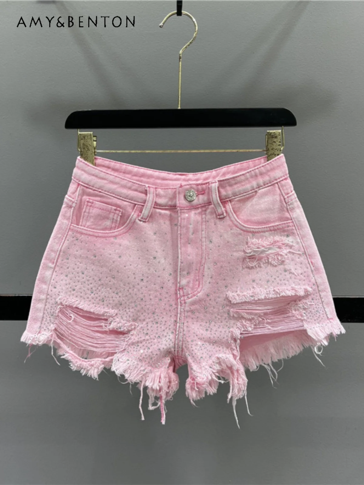 

Heavy Industry Rhinestone Denim Shorts Women Summer New High Waist Slimming Hot Girl Ripped Wide Leg Pants Fashion Y2K Shorts