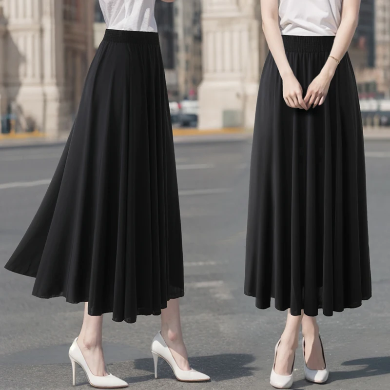 

Summer High Waist Thin Ice Silk Pure Color Floral Print f Skirt Mommy's Wardrobe Long Dr Polyester Fiber Loose Fit