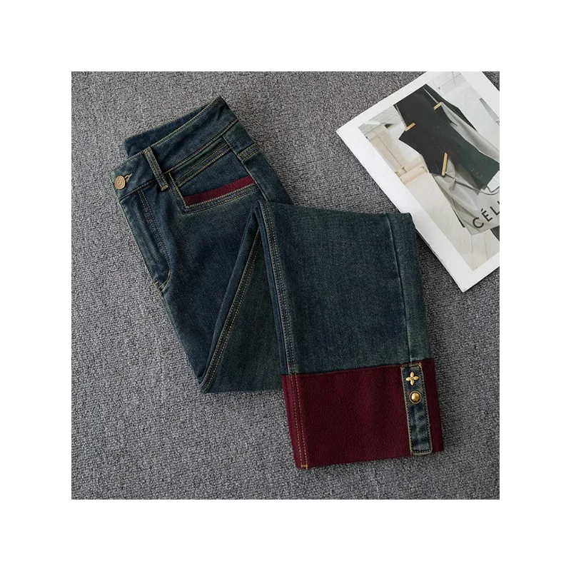 جينز سيجارة كلاسيكي مبطن بالصوف للنساء، وسراويل شتوية عالية الخصر بقصة ضيقة ومستقيمة الساق