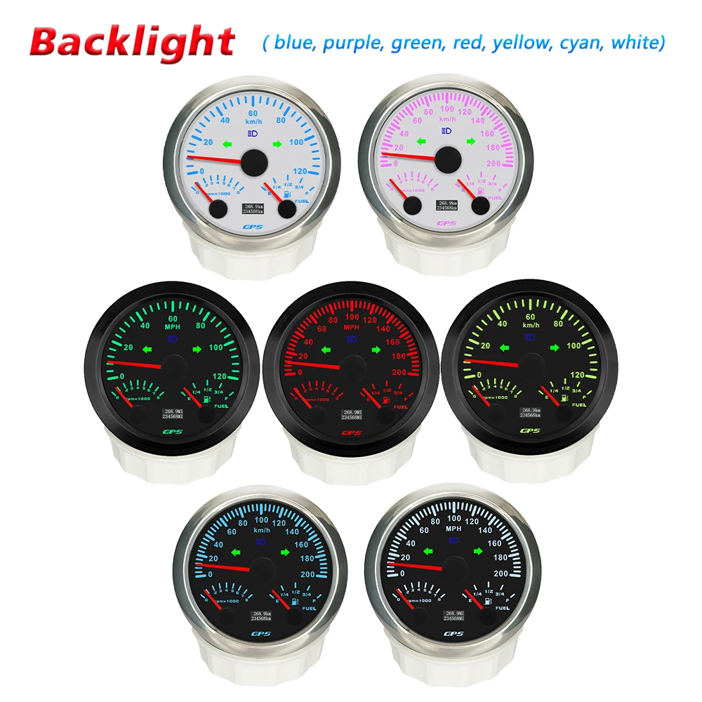 Rhaxel 85mm 3 in 1 GPS Speedometer 0-120 0-200 KMH MPH with Tachometer Fuel Level with 7 Colors Backlight 12V 24V for Car Truck