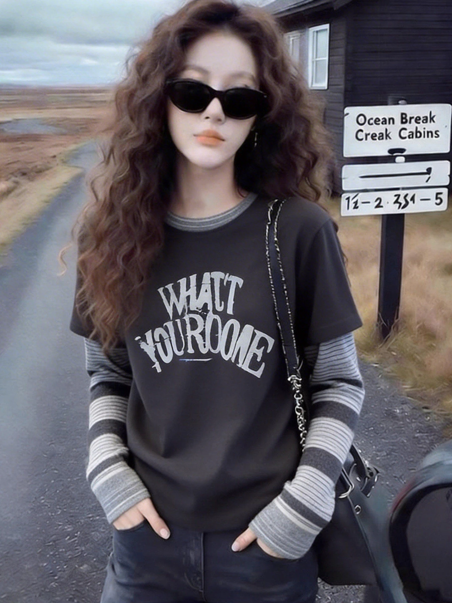 American Style Letter Print Long Sleeve T-Shirt Women's Spring New Stripe Splicing Soft Comfortable Anti-soil Dirty Skin-frie...
