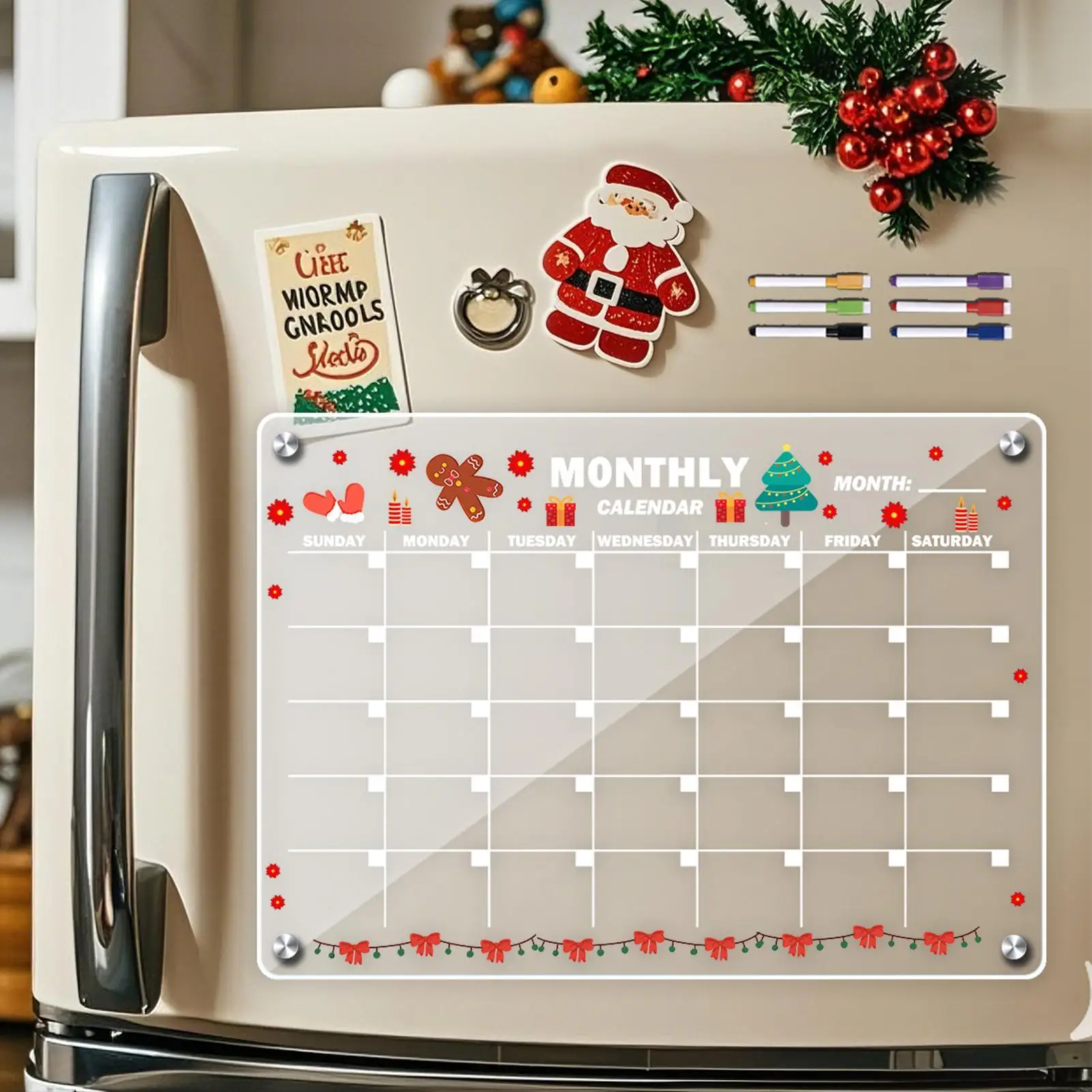 Acrylic Magnetic Board Writable with 6 Marker Pens Acrylic Magnetic Monthly Planner for Dorm Refrigerator Kitchen Apartment