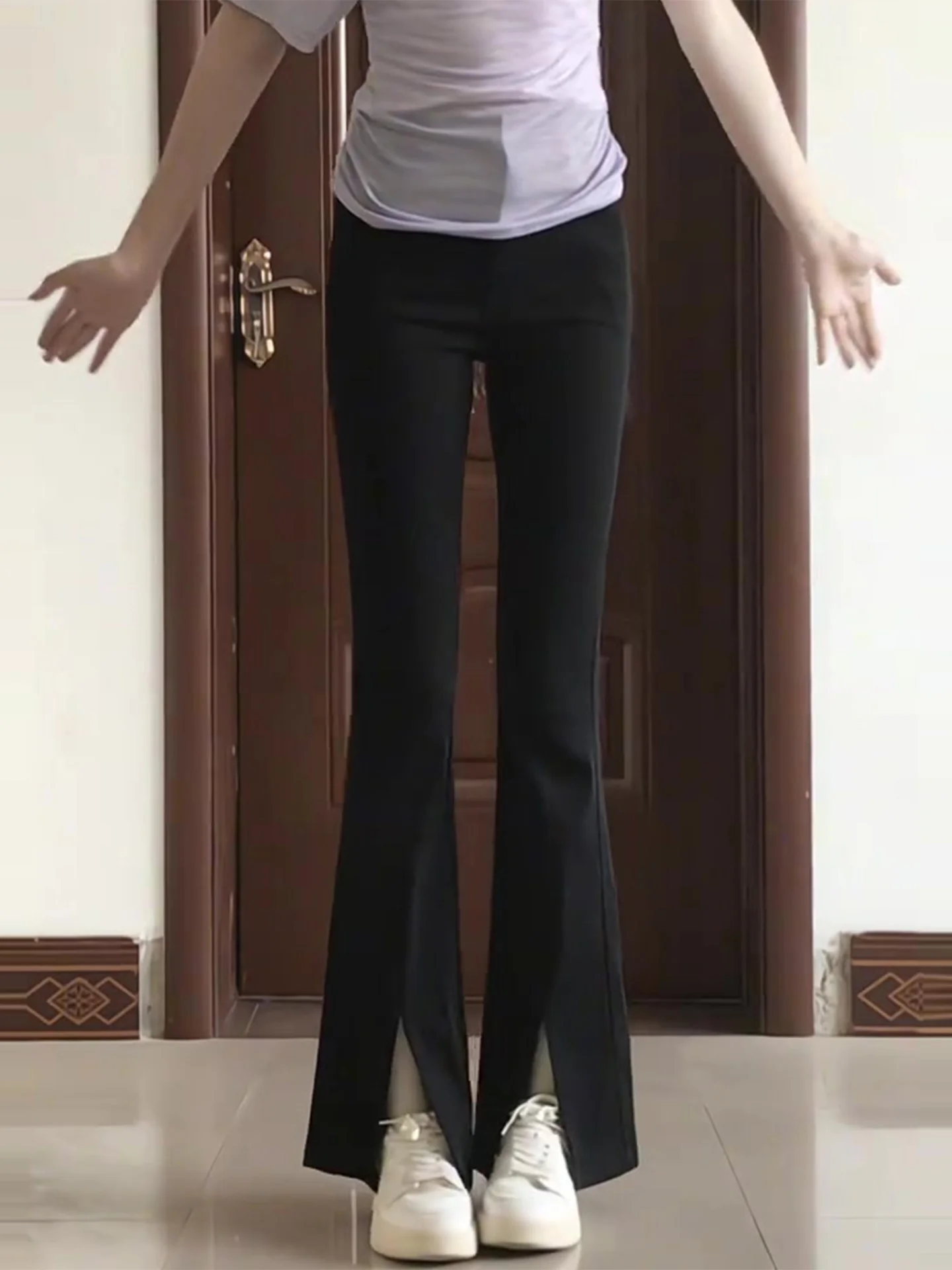 Black High-Waist Slimming Bell Bottom Pants for Women Summer 2026 New Style Elastic Front Split Commuter Korean Style